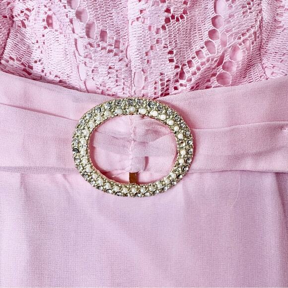 Vintage 70s Pink Lace & Chiffon Mock Neck Bishop Sleeves Maxi Dress Size Small - Picture 4 of 9